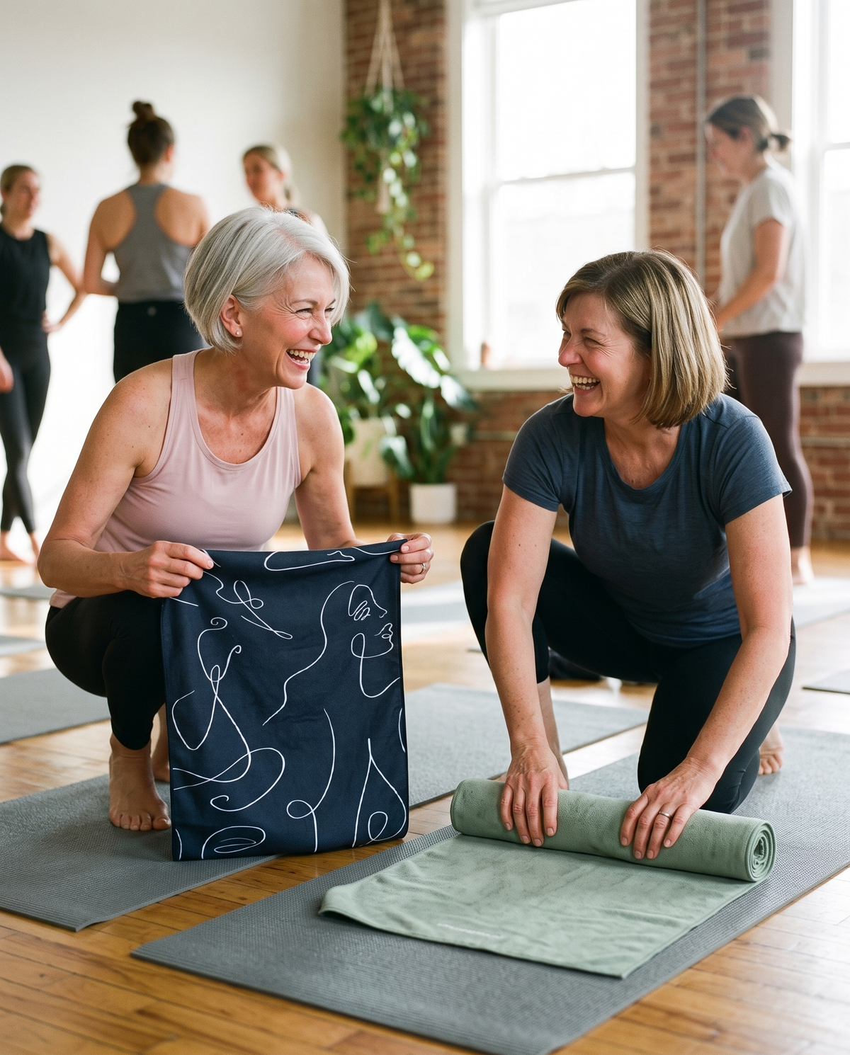 Zwei Frauen rollen nach dem Yogakurs lachend ihre Tücher ein